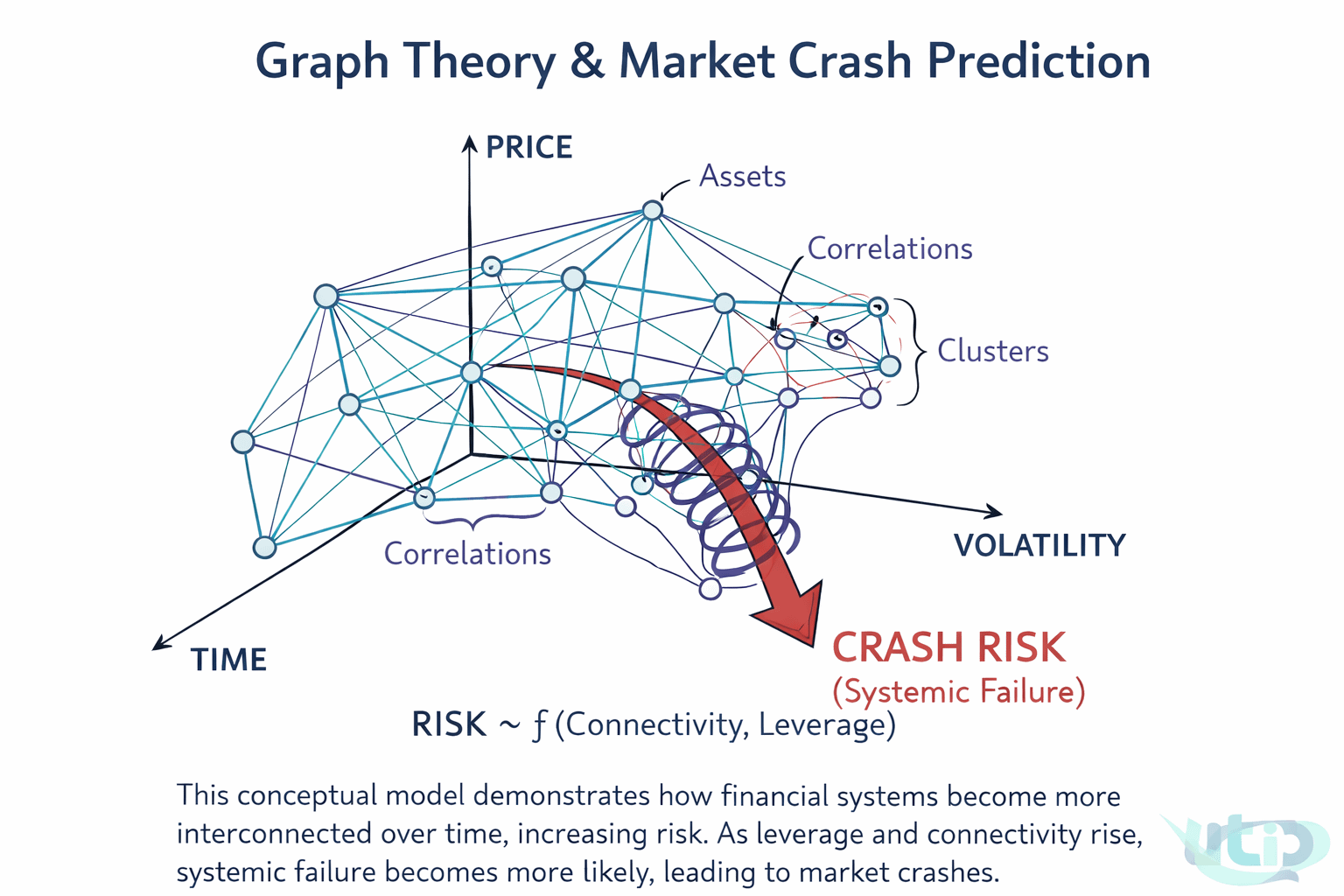 Graph Theory and Market Crash Prediction — 3D network model showing price, volatility, and time axes with connected asset nodes